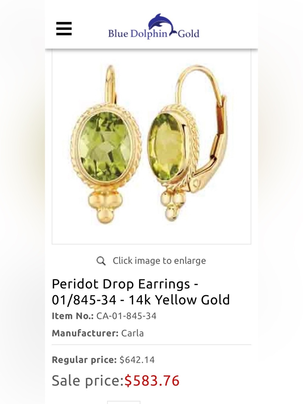Vtg. 14k Signed Carl Art Lever Back Peridot Oval Drop Earrings